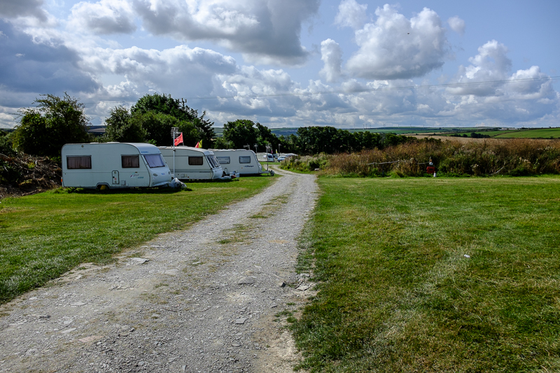 Touring caravans beside the rural driveway at Ponderosa Caravan Park